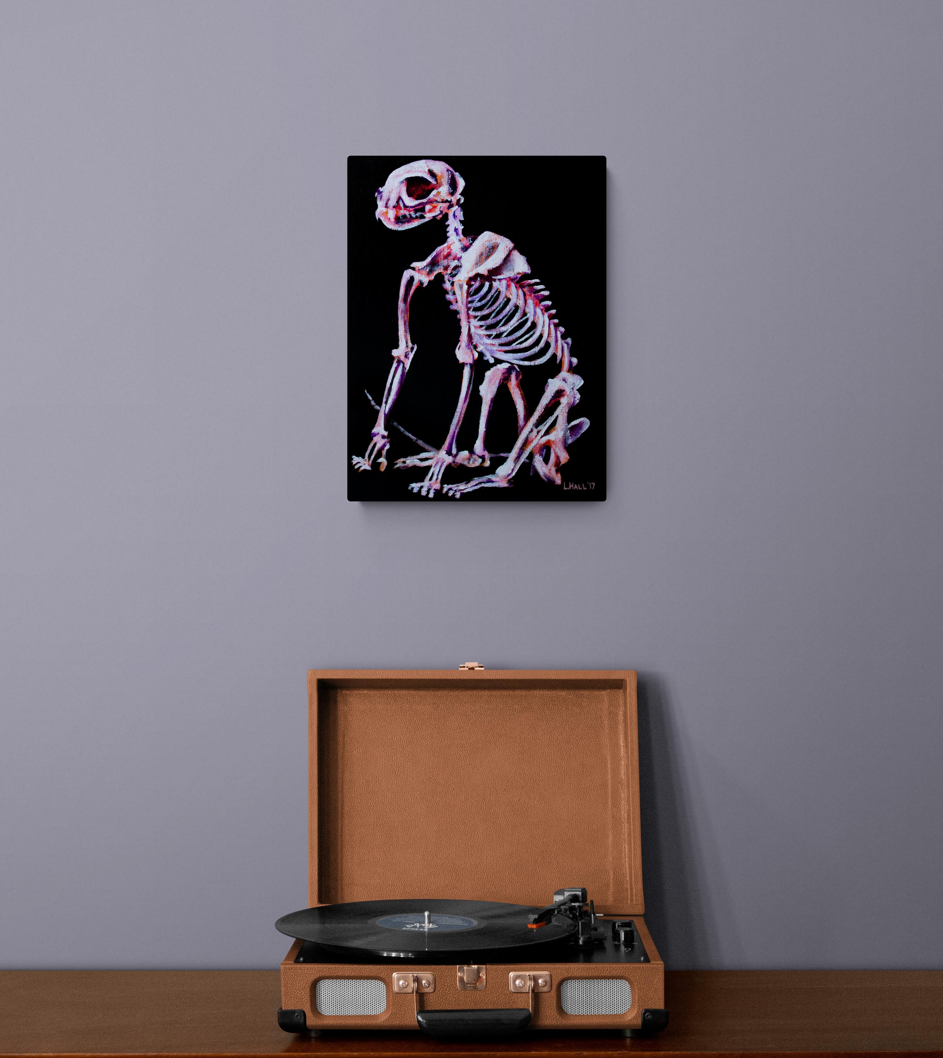 Squelette de chat, peinture contemporaine originale signée noire et rose sur toile en vente 2