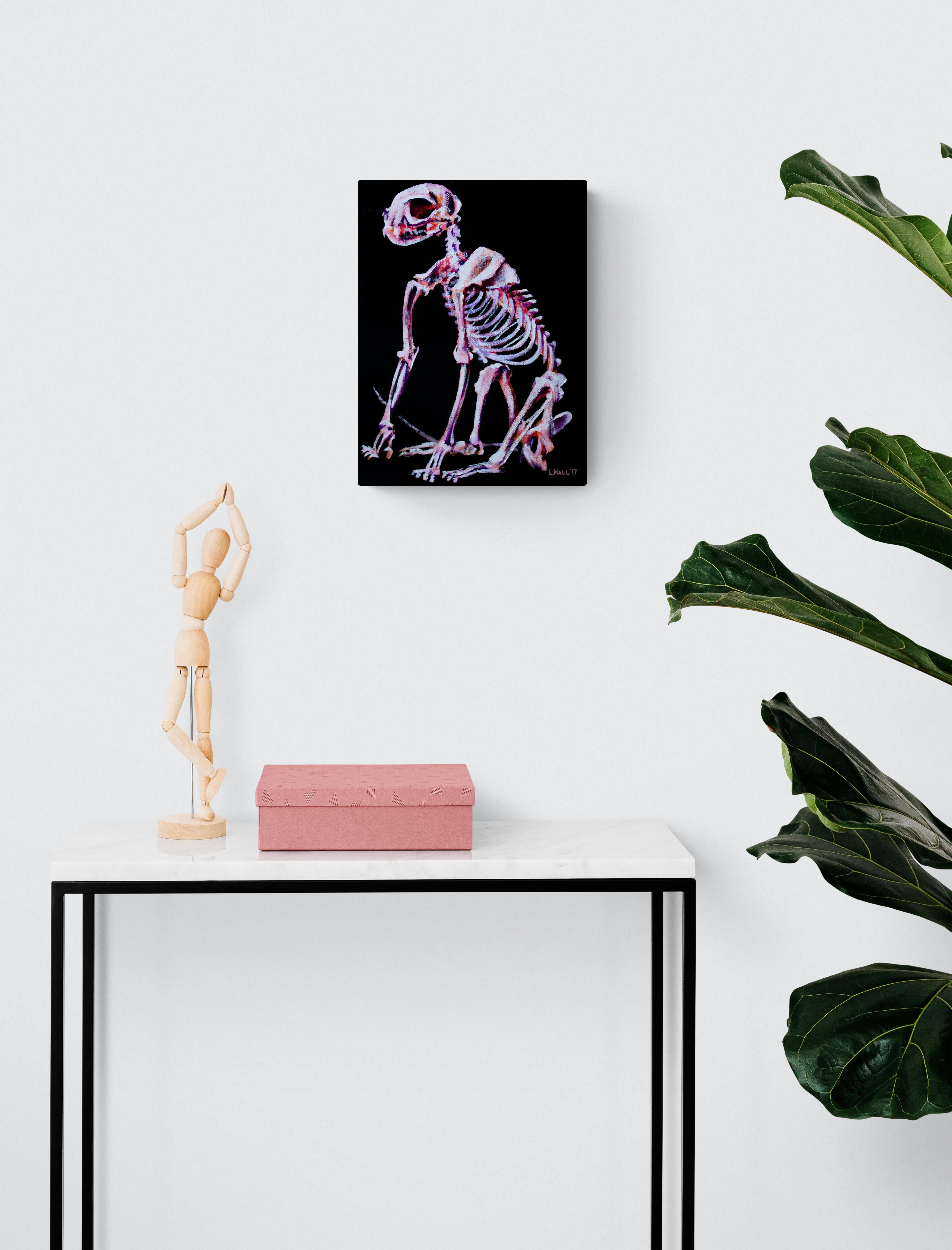 Cat Skeleton, Original Signed Black and Pink Contemporary Painting on Canvas For Sale 2