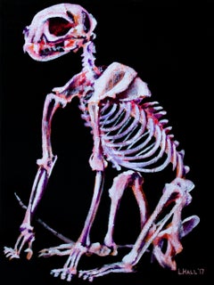 Cat Skeleton, Original Signed Black and Pink Contemporary Painting on Canvas