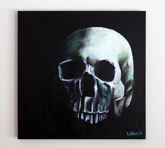 Skull, Original Signed Contemporary Black and Green Acrylic Painting on Canvas
