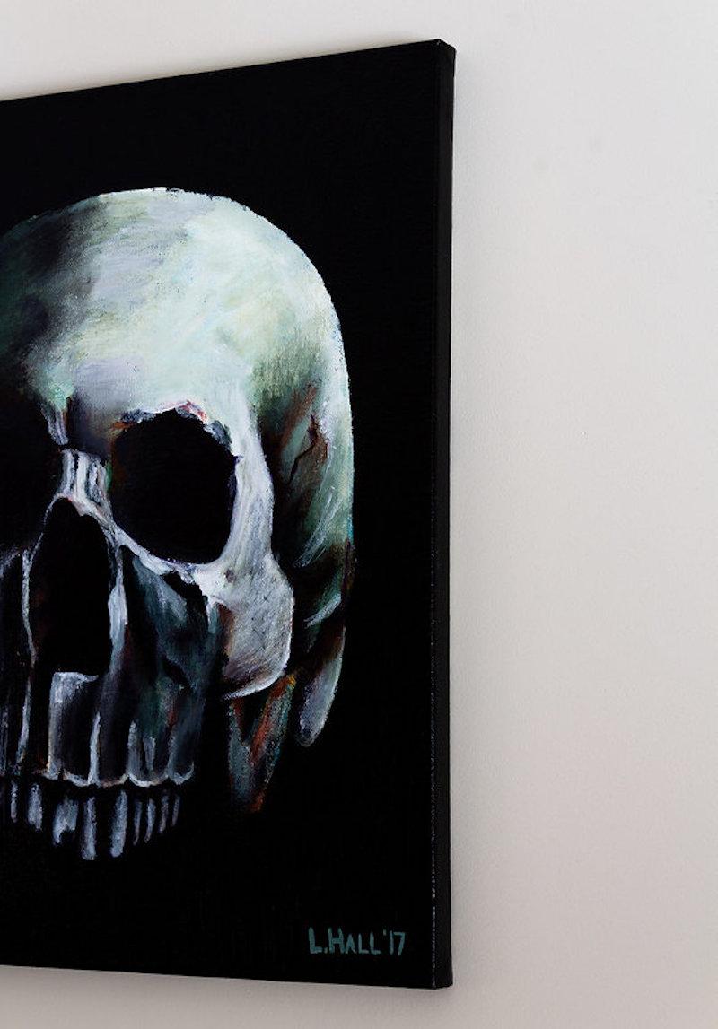 Skull, Original Signed Contemporary Black and Green Acrylic Painting on Canvas For Sale 2