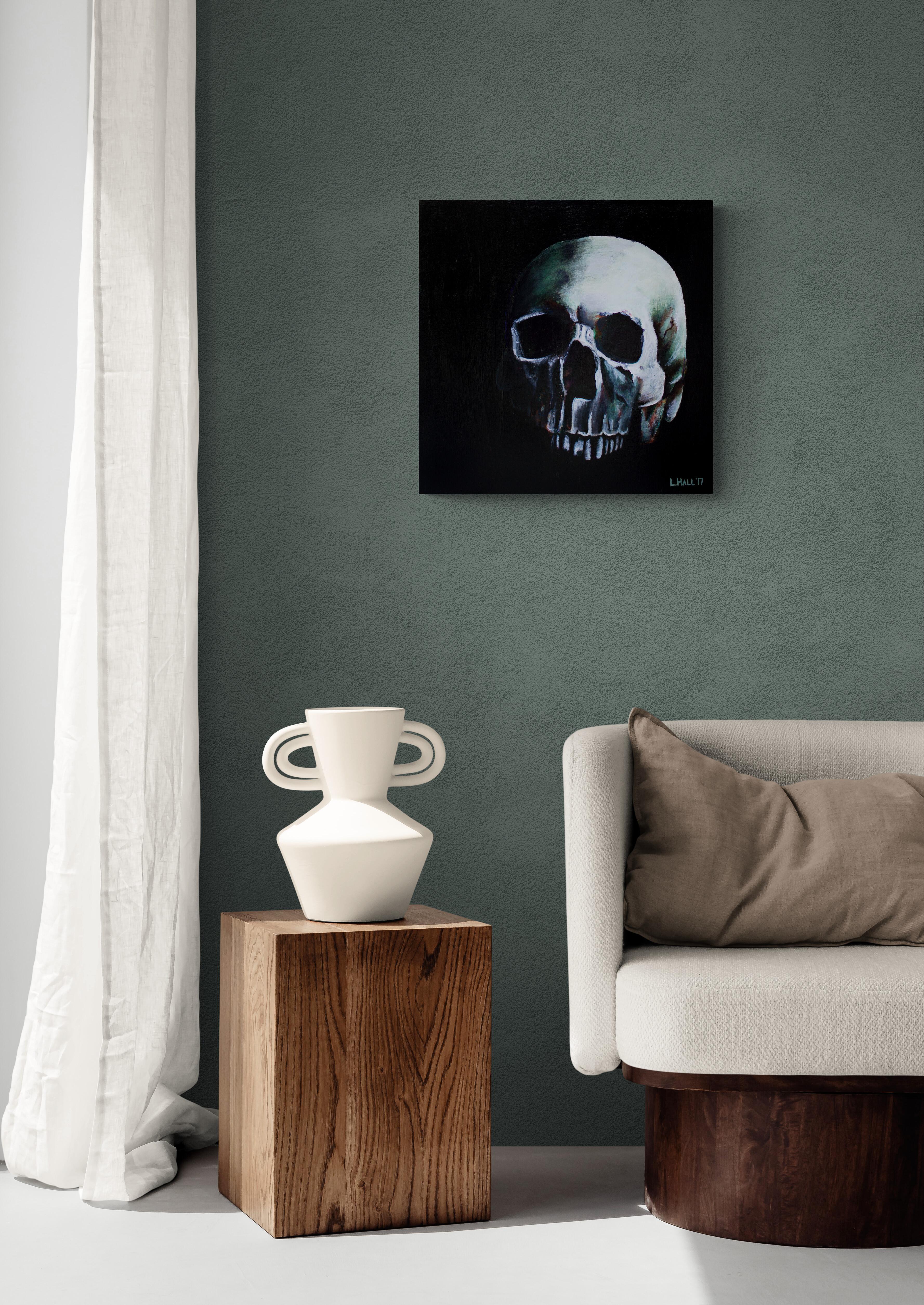 Skull, Original Signed Contemporary Black and Green Acrylic Painting on Canvas For Sale 4