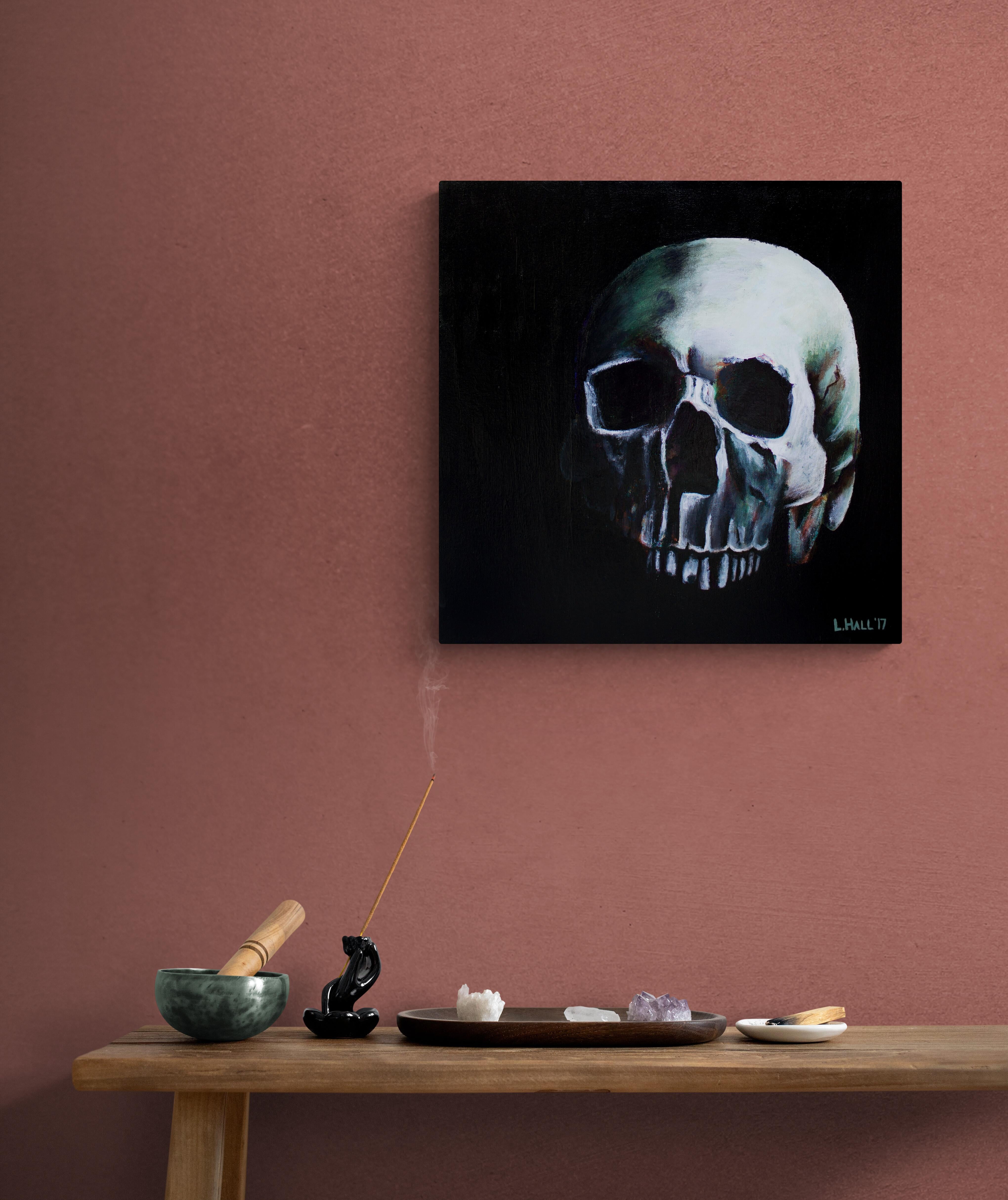 Skull, Original Signed Contemporary Black and Green Acrylic Painting on Canvas For Sale 5