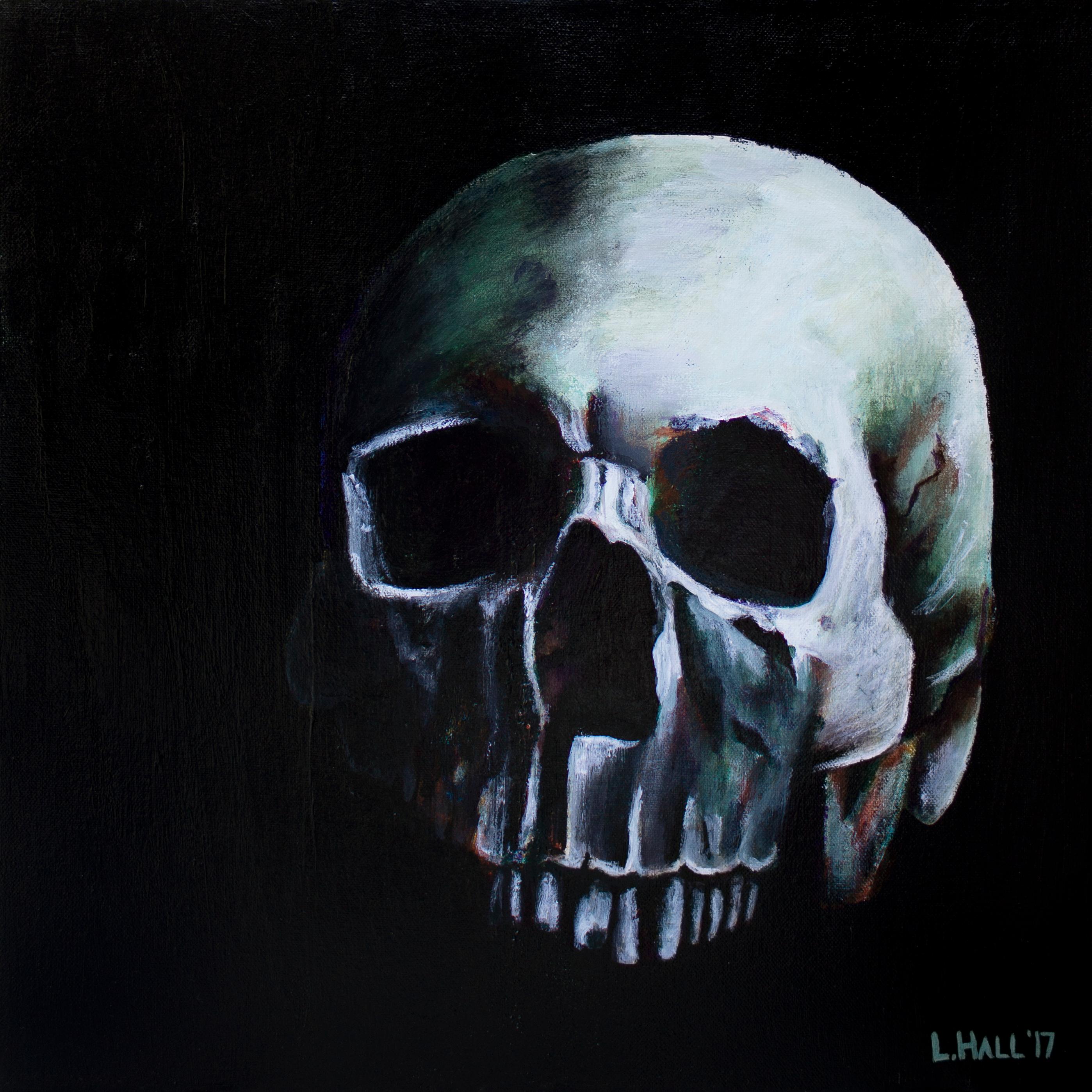 Lindsay Hall Still-Life Painting - Skull, Original Signed Contemporary Black and Green Acrylic Painting on Canvas