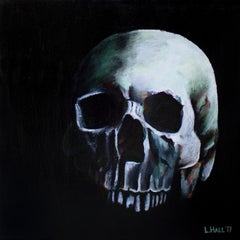Used Skull, Original Signed Contemporary Black and Green Acrylic Painting on Canvas
