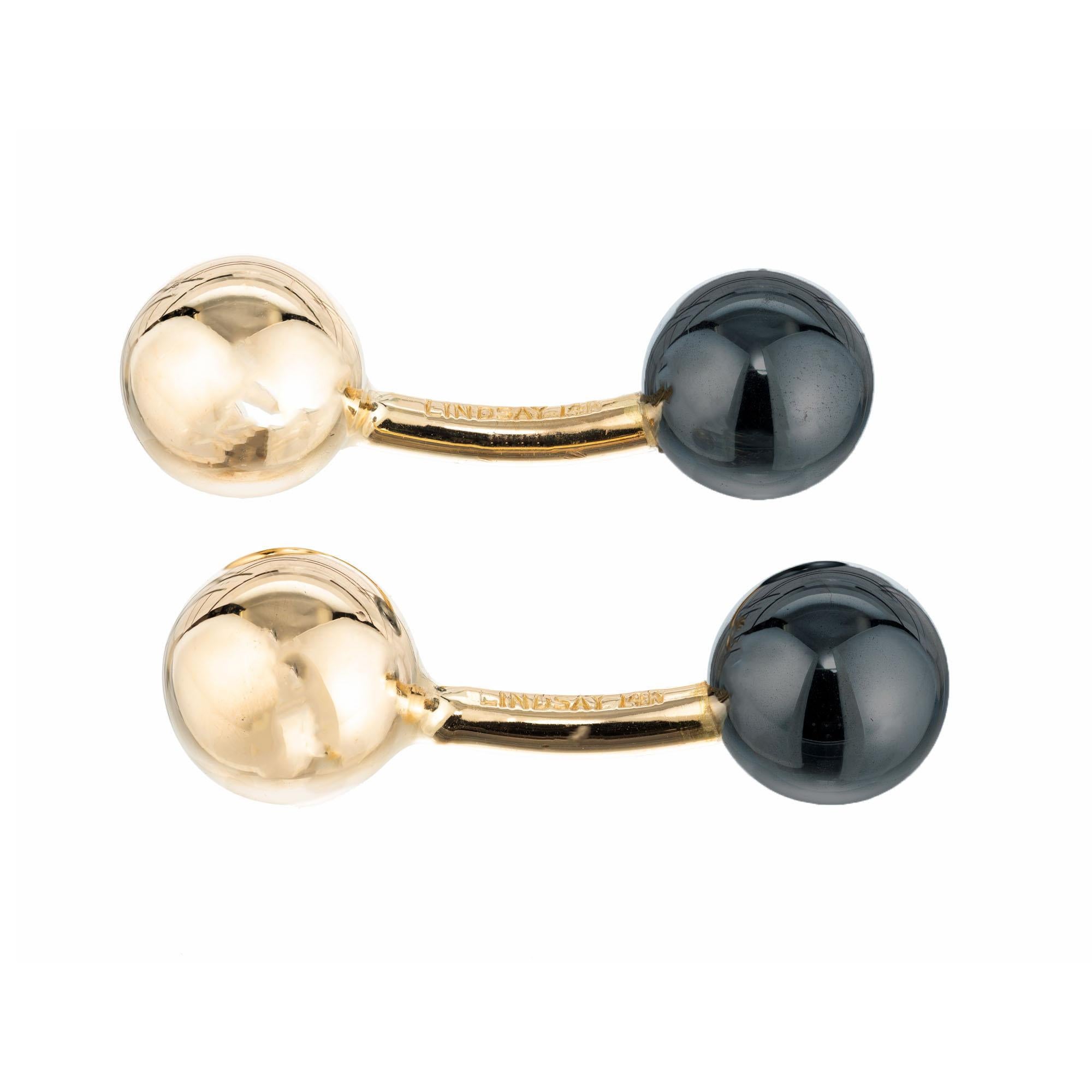 Round Cut Lindsay Hematite Yellow Gold Double Sided Cufflinks For Sale