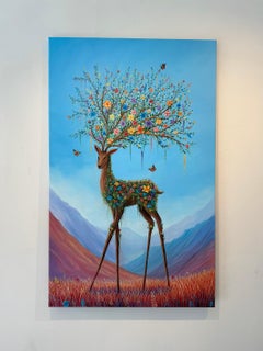 „Floral Fawn“, surrealistisches Acrylgemälde auf Leinwand, Original 122 x 76 Kunstwerk