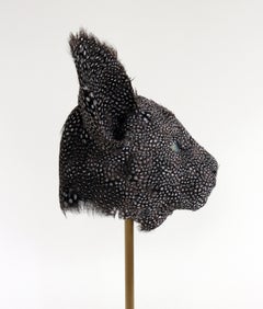 Contemporary Ceramic Sculpture, Marble Base, Brass Rod, Mixed Media, Feathers