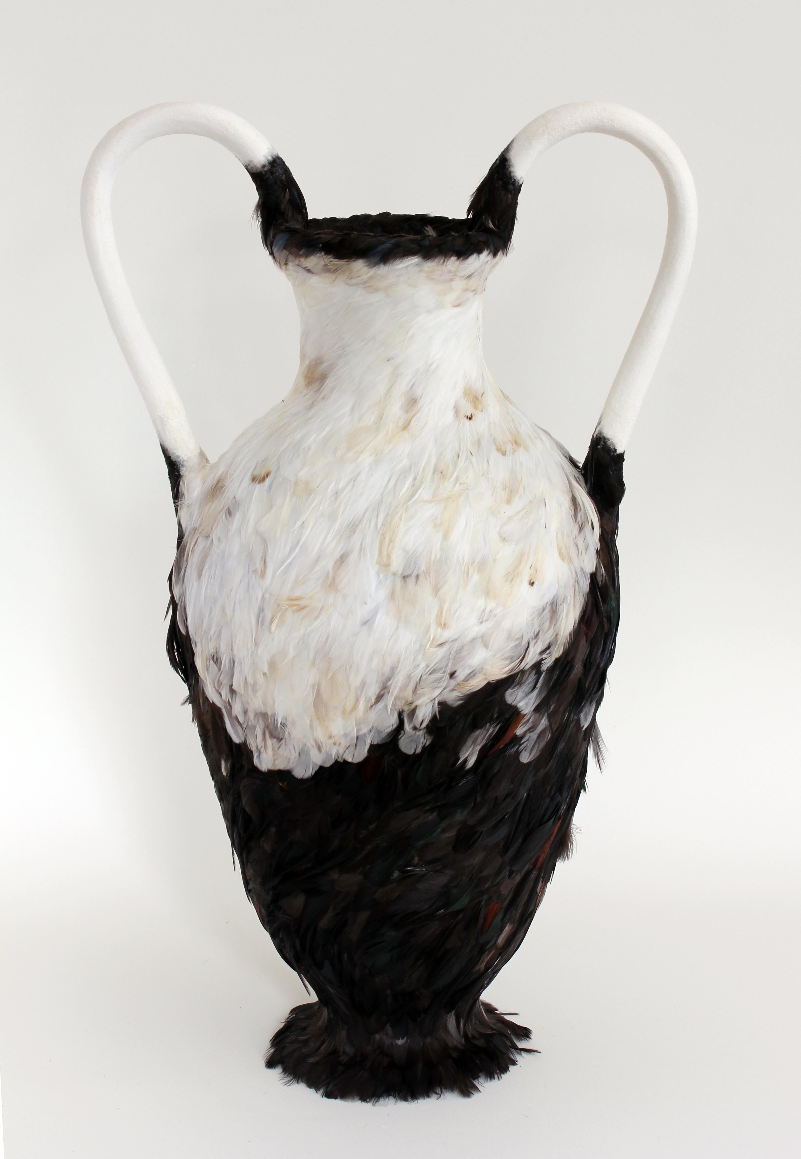 "White-Necked Amphora", Contemporary, Mixed Media, Ceramic, Sculpture, Feathers