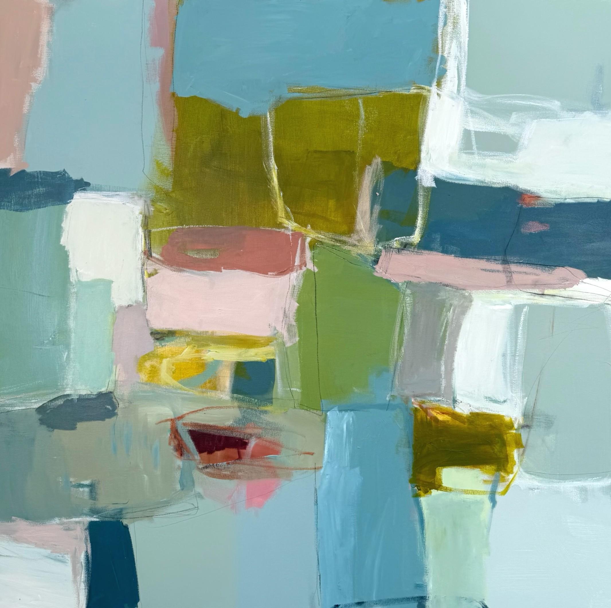 Coastal Abstract Landscape Painting, Large Square Contemporary Mixed Media