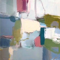 Pittura astratta mediterranea, tela mista blu, bianca e costiera