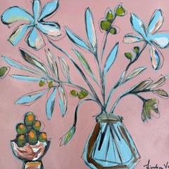 Small Botanical Abstract Painting, Contemporary Floral, Olive Green