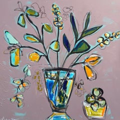 Stilleben abstrakte Malerei, Neutrale Töne und Blau Mixed Media Canvas