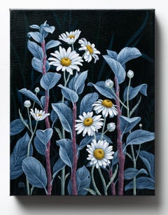 "Daisies", Moonlit Daisies Among Blue Foliage Acrylic on Canvas