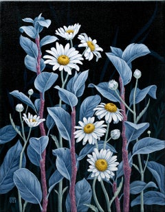 "Daisies", Moonlit Daisies Among Blue Foliage Acrylic on Canvas