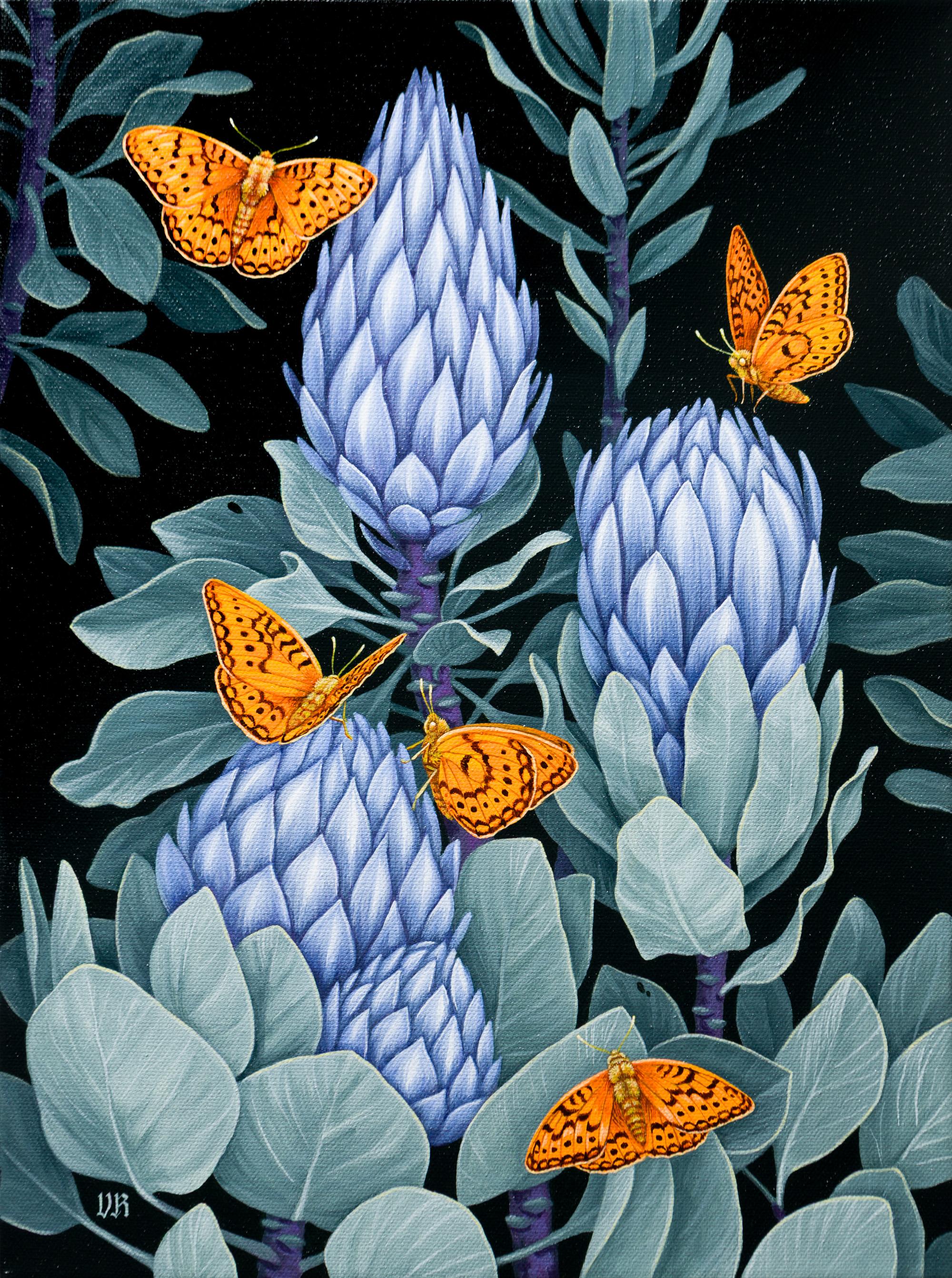 Lindsey Carr Still-Life Painting - "Flourish", Nocturnal Garden with Protea Flowers and Butterflies Still-Life