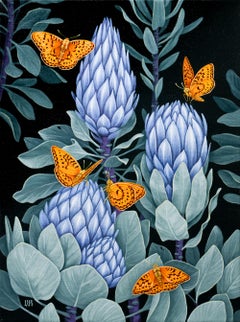 "Flourish", Nocturnal Garden with Protea Flowers and Butterflies Still-Life