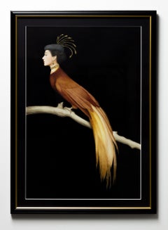 "Gold Ladybird", Framed Anthropomorphic Bird Watercolor Gold Leaf Painting