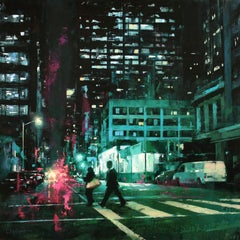 "After Hours" von Lindsey Kustusch, Realistische moderne Stadtlandschaft, Ölgemälde