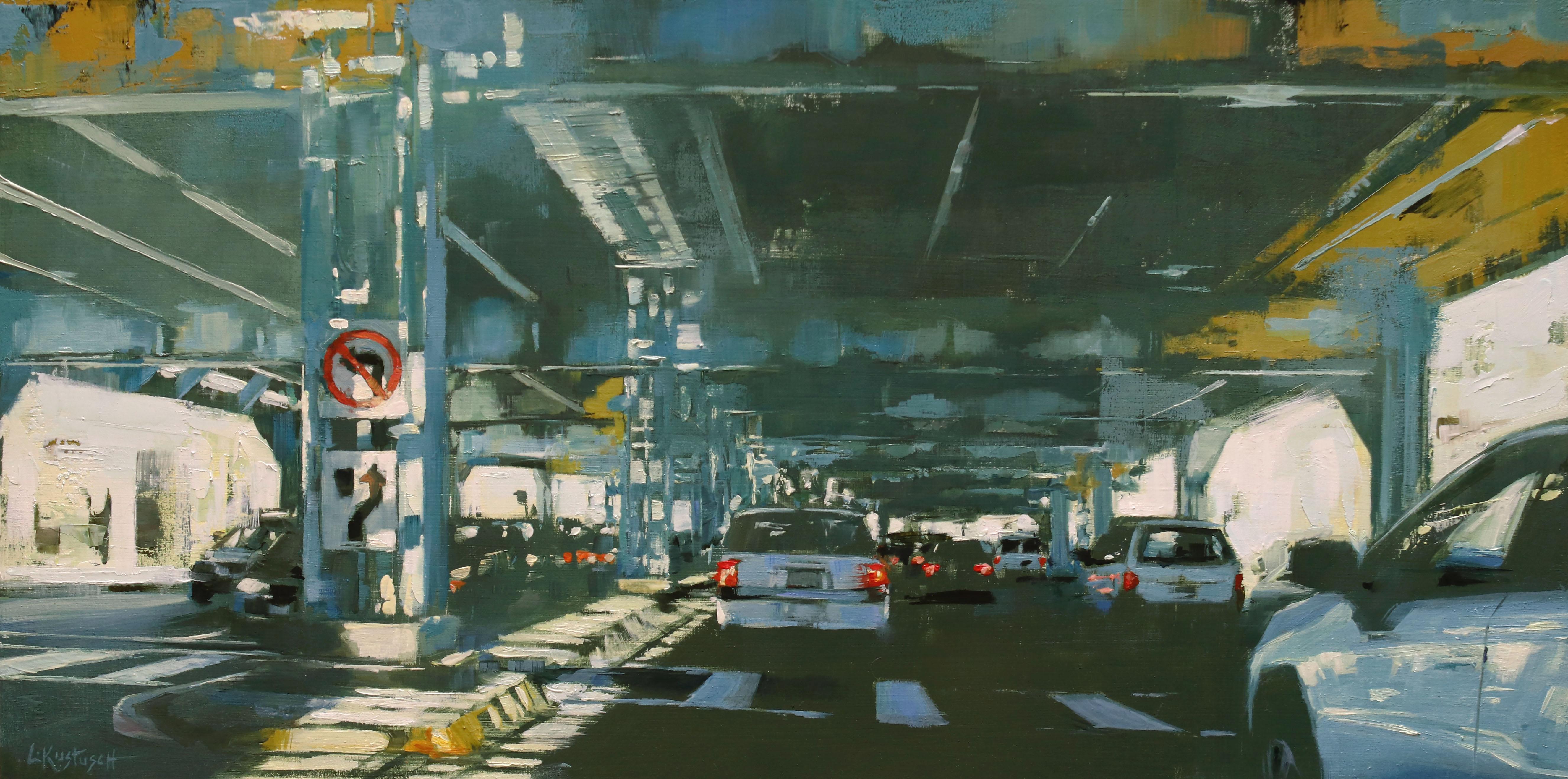 "Unter dem Lärm" von Lindsey Kustusch, Realistische Stadtlandschaft, Ölgemälde