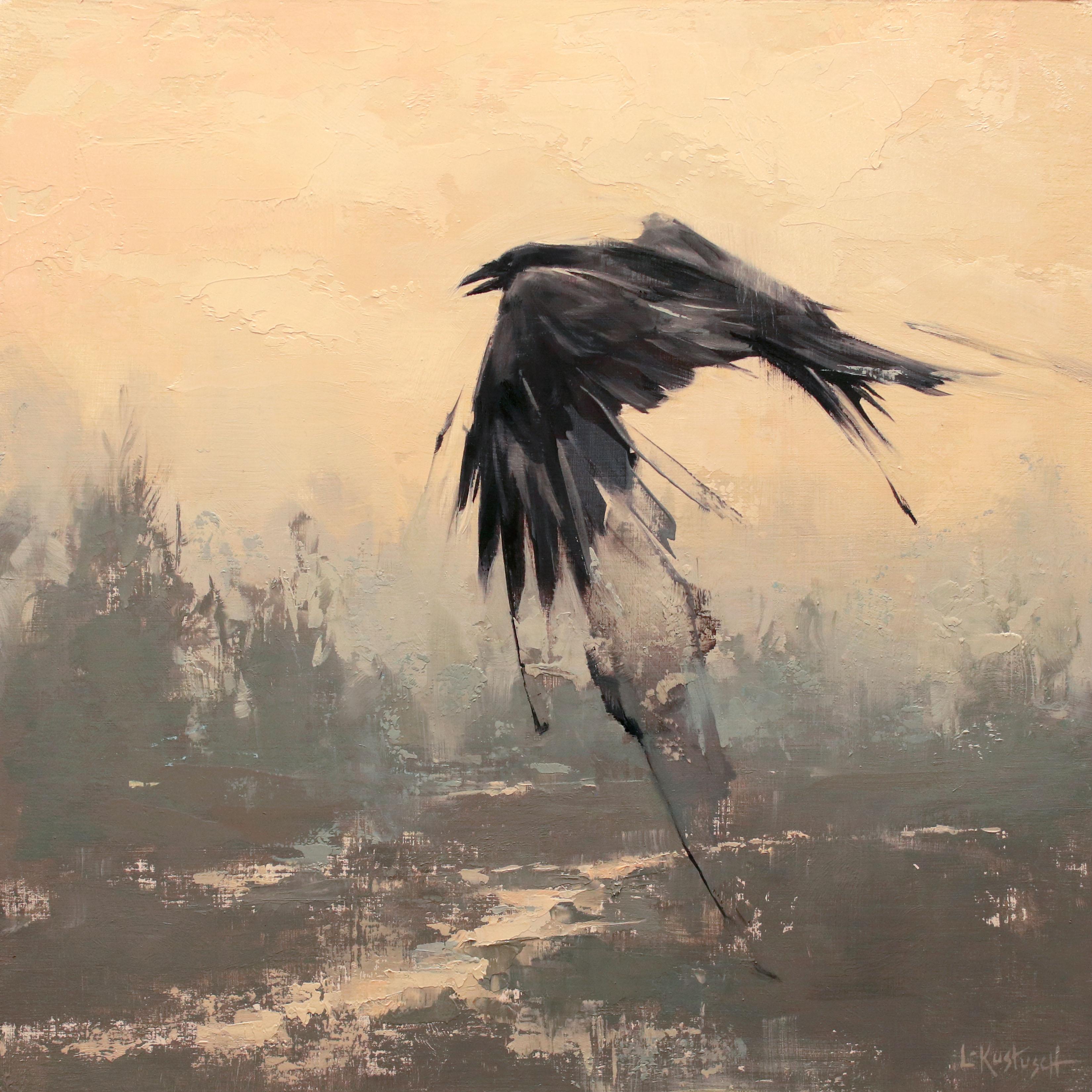 "Im Flug #1" von Lindsey Kustusch, surrealistisches Vogel-Ölgemälde