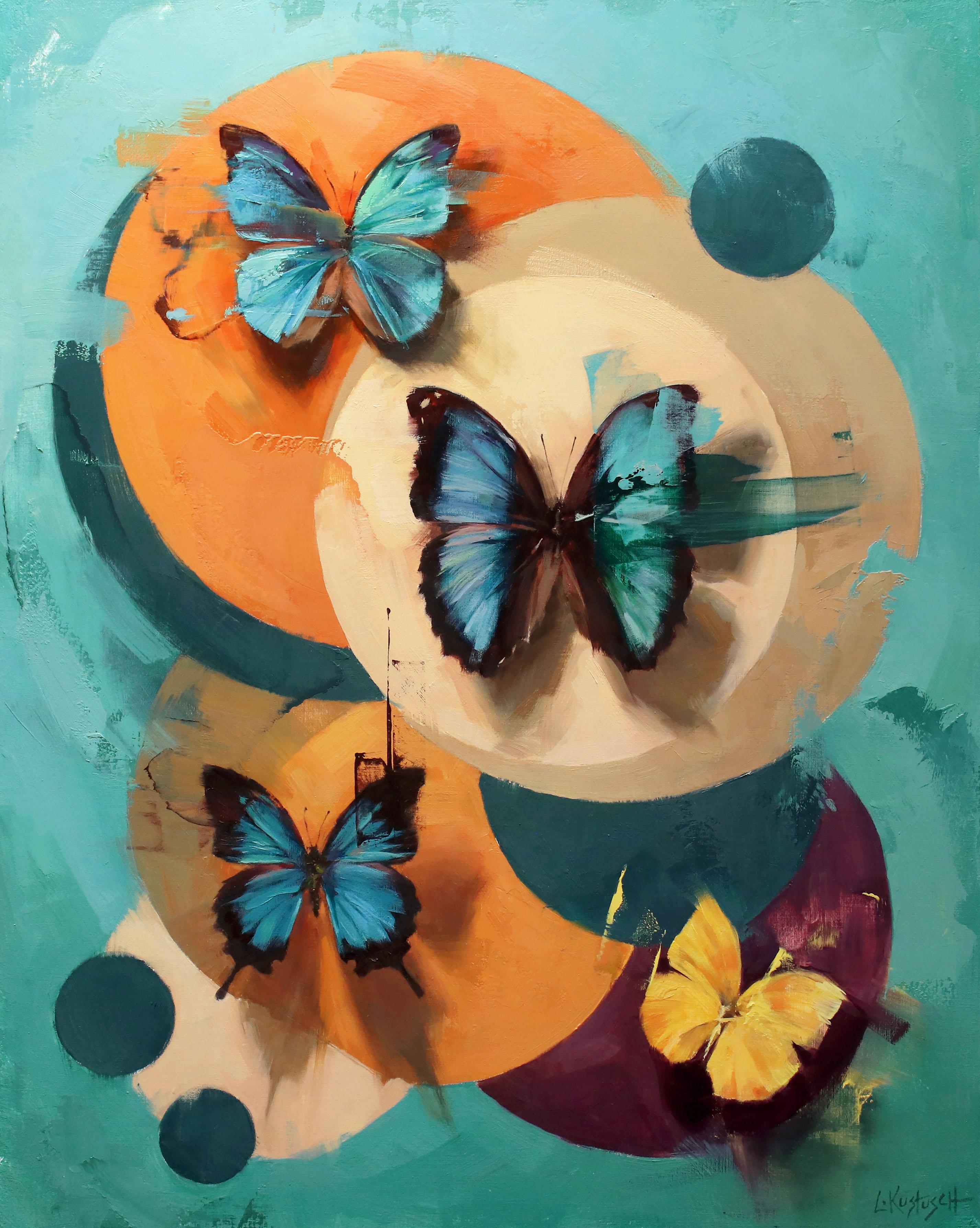 Lindsey Kustuschs "Kaleidoscope #2" ist ein fesselndes, handgefertigtes Original-Kunstwerk in Öl auf Holzplatte mit den Maßen 20 x 16 Zoll. Diese Arbeit aus dem Jahr 2025 ist ein Produkt des Primärmarktes, das anlässlich von Kustuschs