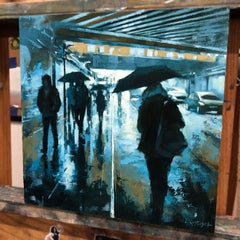 "London in Shades of Blue" par Lindsey Kustusch, paysage urbain réaliste, peinture à l'huile