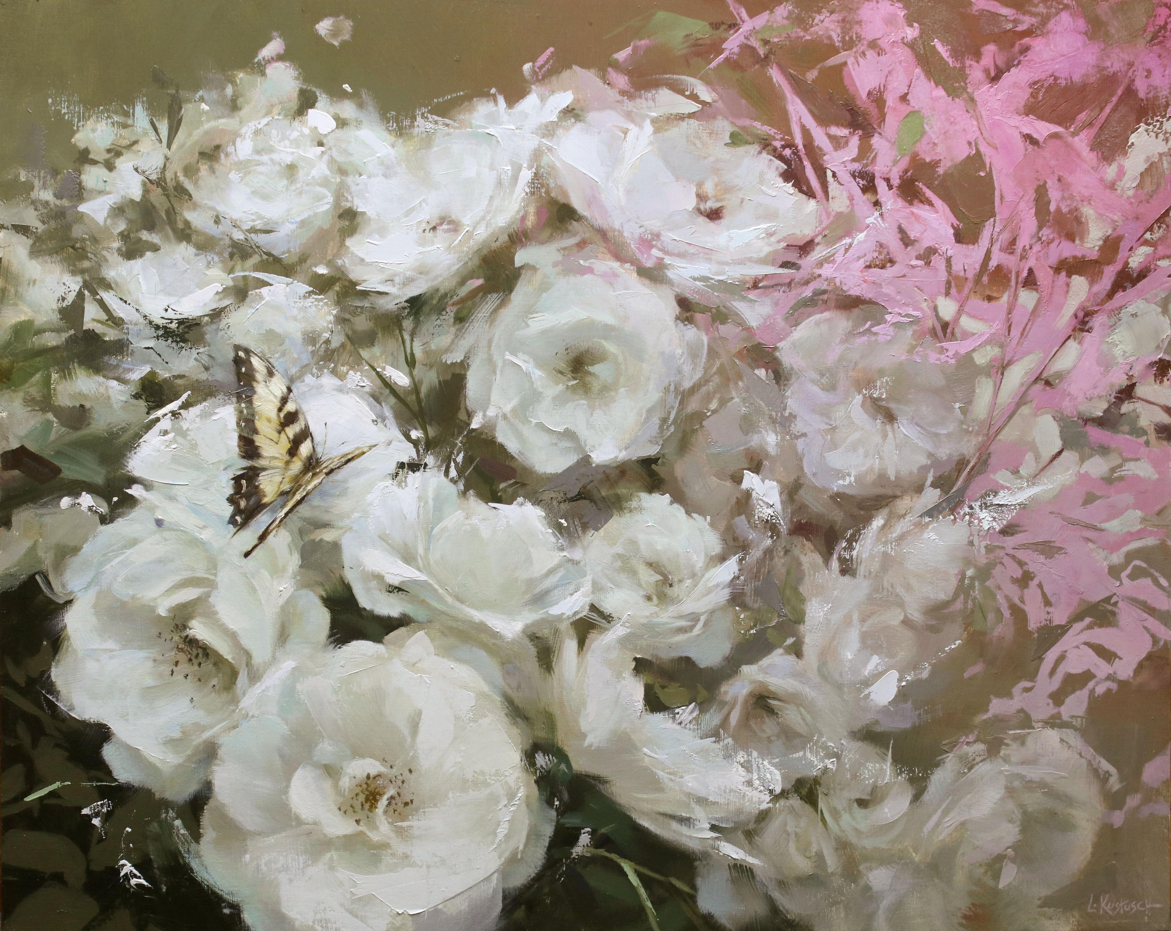 "Roses in Bloom" von Lindsey Kustusch, Realistisches Blumenstillleben, Ölgemälde