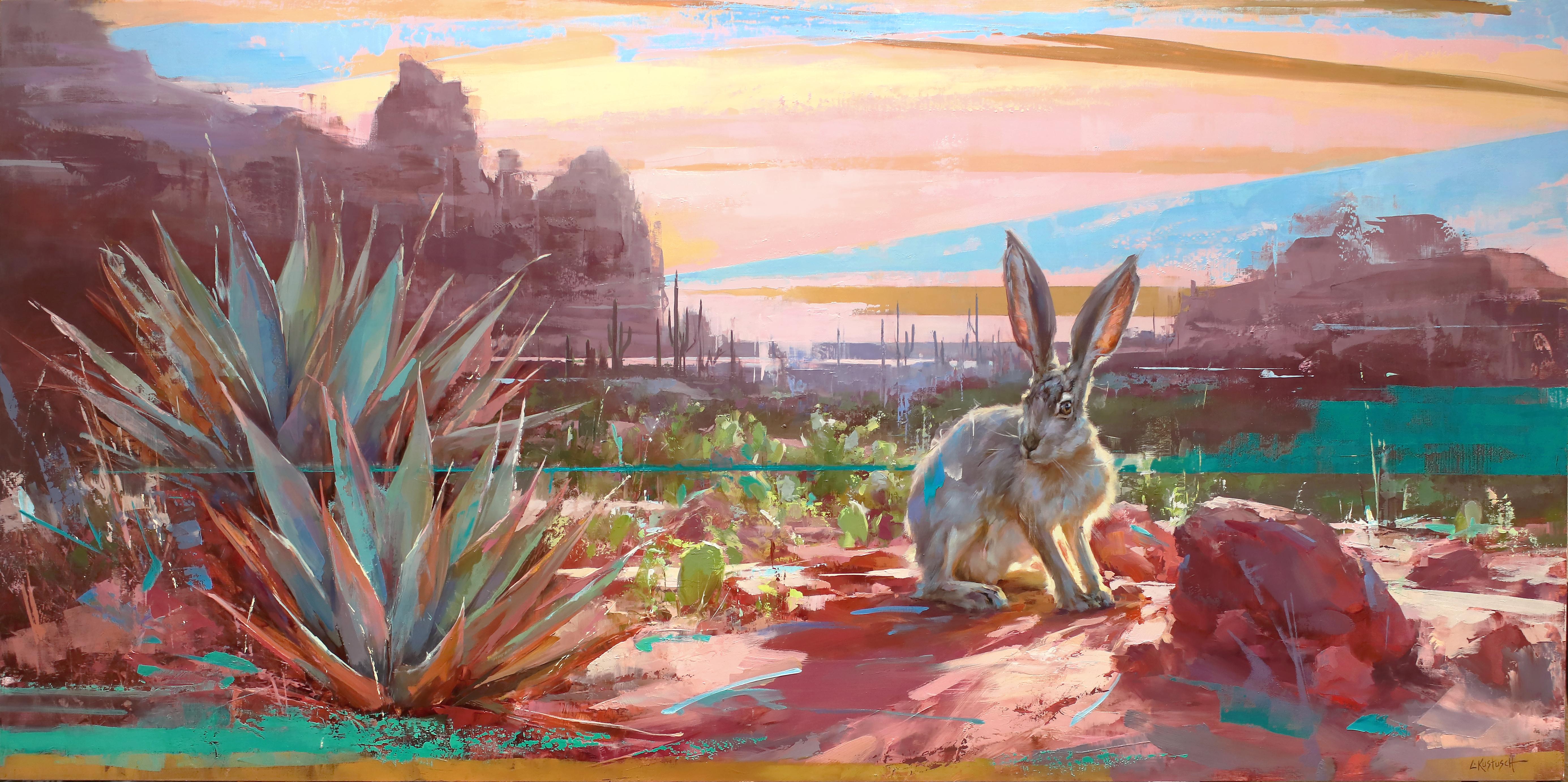 Lindsey Kustusch Figurative Painting - "Summer in the High Desert" Original Oil Painting of a Landscape & Jackrabbit