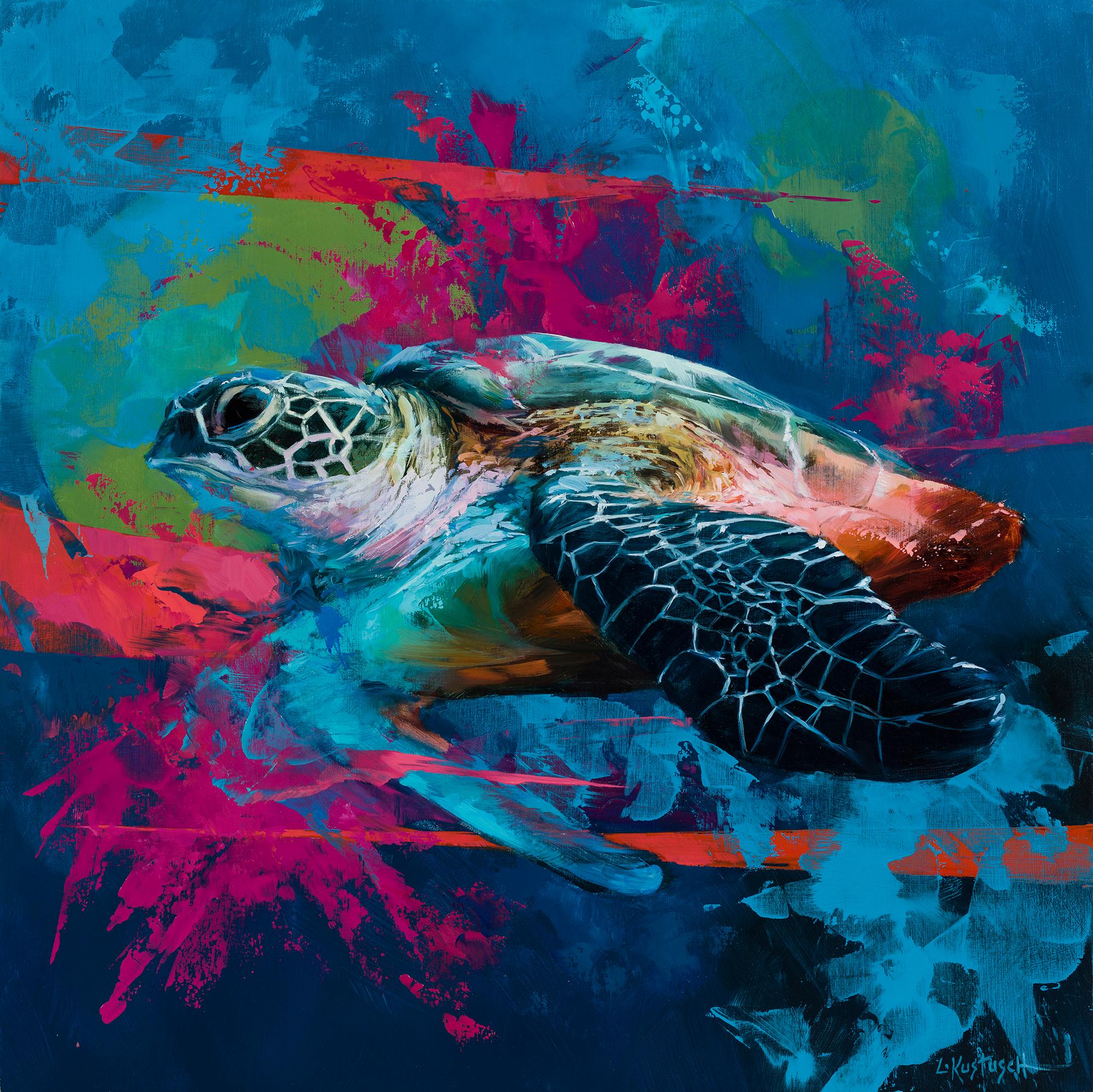 Lindsey Kustusch Figurative Painting - "The Green Sea Turtle" Animal Themed Oil Painting