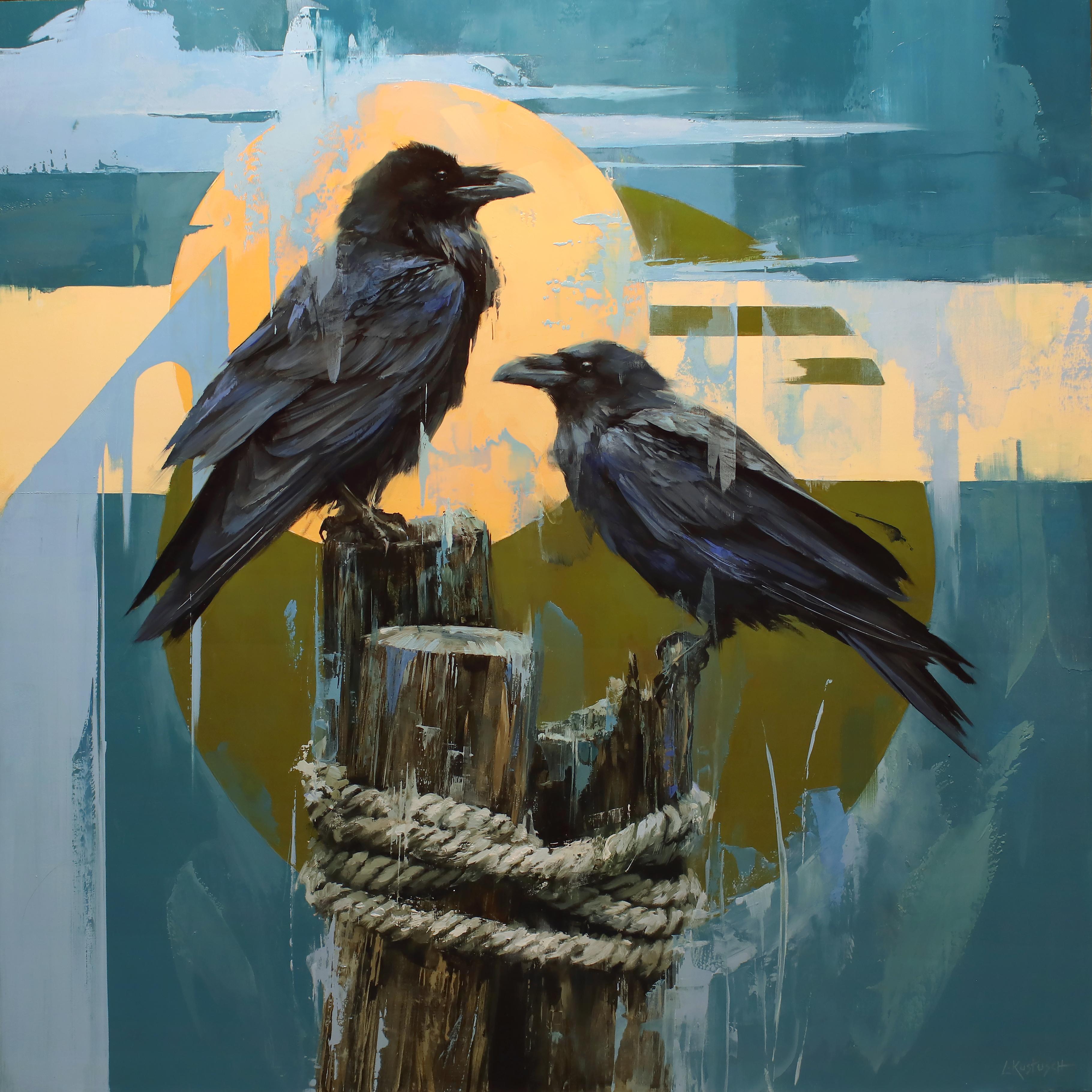 Lindsey Kustusch Figurative Painting - "The Ravens of Ocean Beach" Original Oil Painting