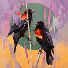 "The Red-winged Blackbird" Peinture à l'huile originale