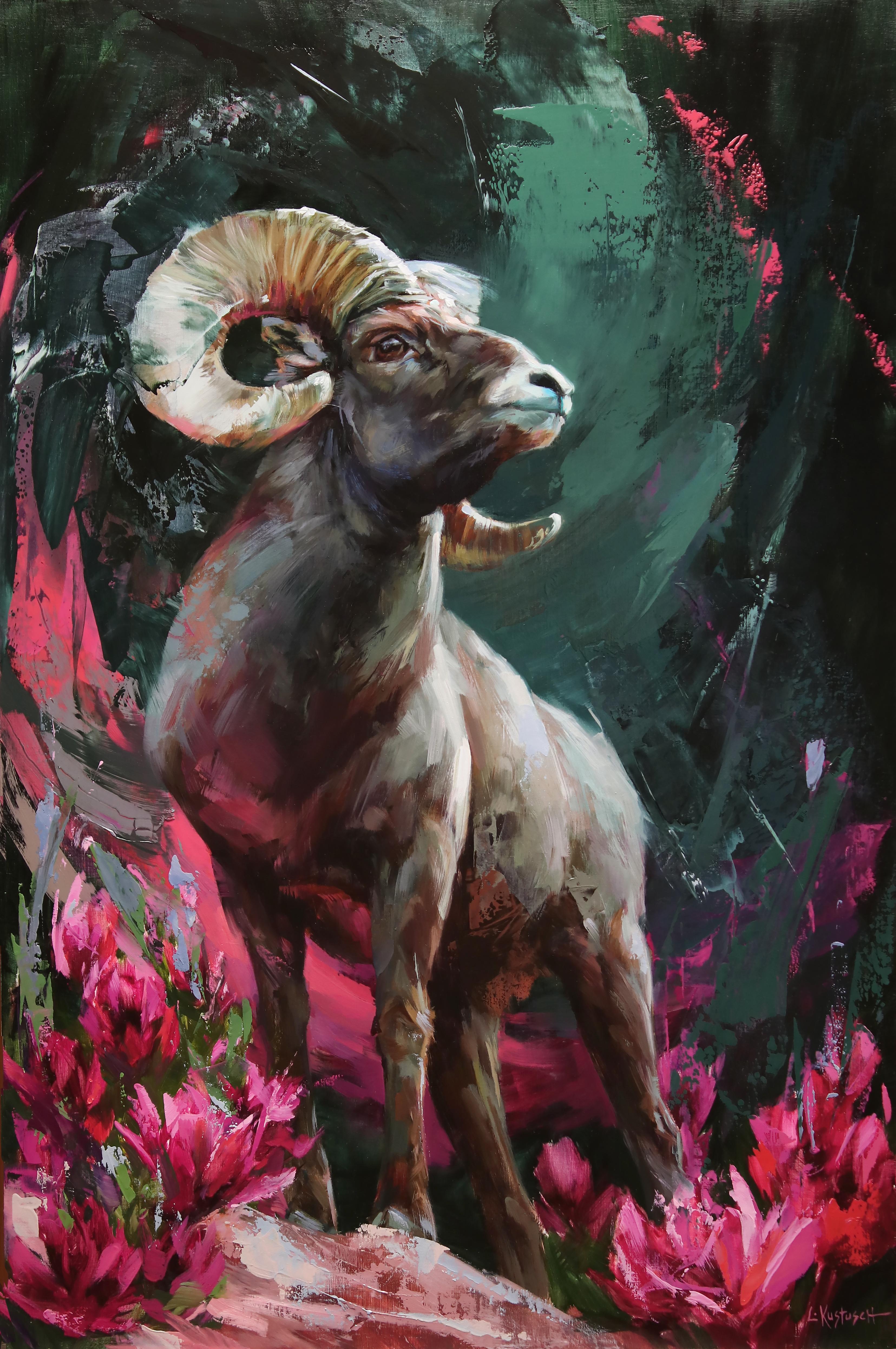 Lindsey Kustusch Figurative Painting - "The Rocky Mountain Bighorn Sheep" Original Oil Painting