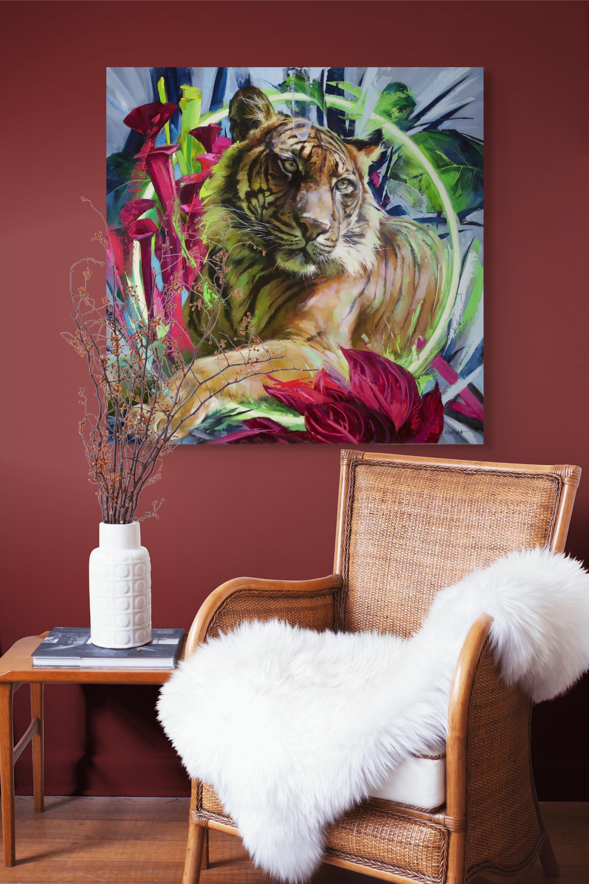 „Der Sumatran-Tiger“ – Original-Ölgemälde einerangerten großen Katze – Painting von Lindsey Kustusch