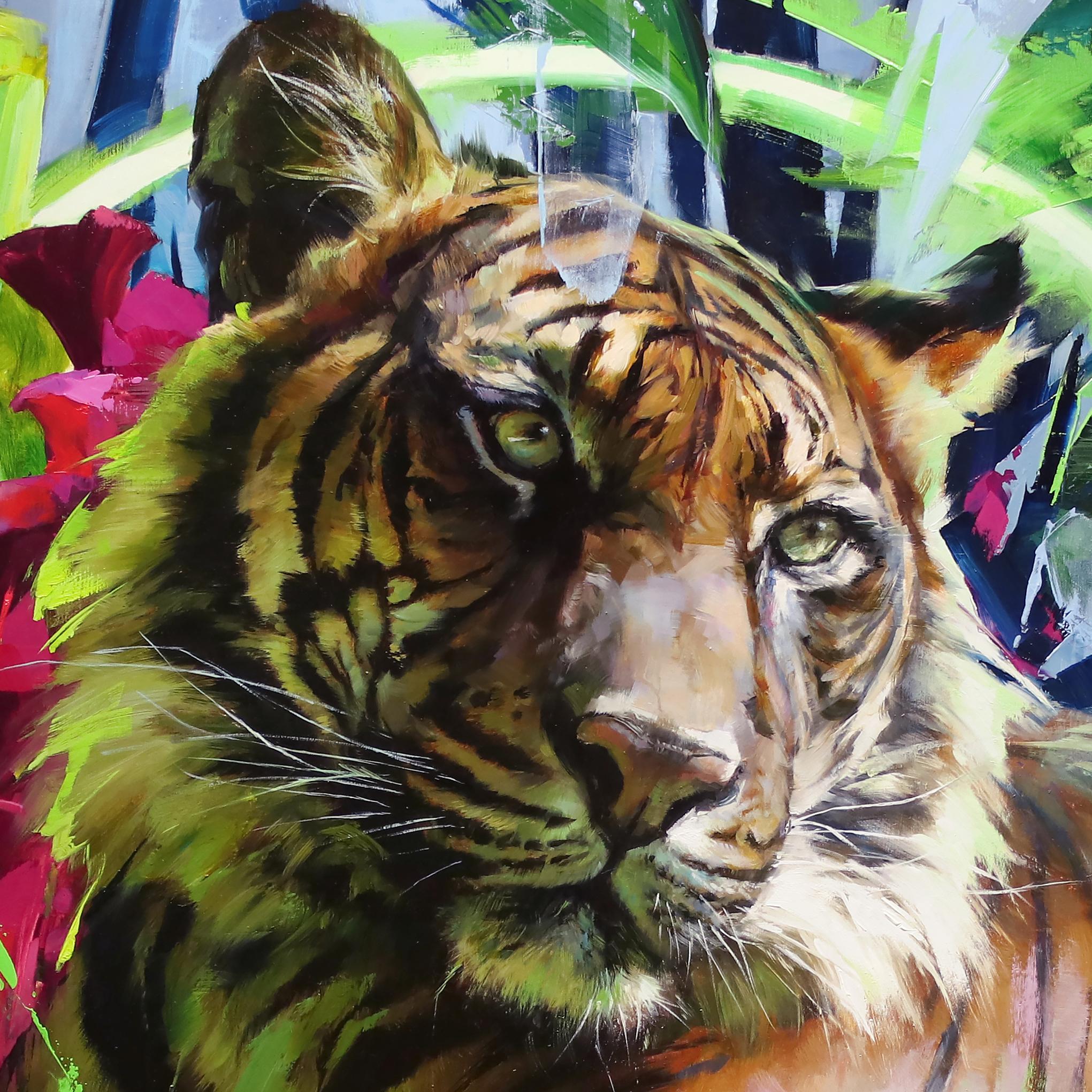 „Der Sumatran-Tiger“ – Original-Ölgemälde einerangerten großen Katze im Angebot 3