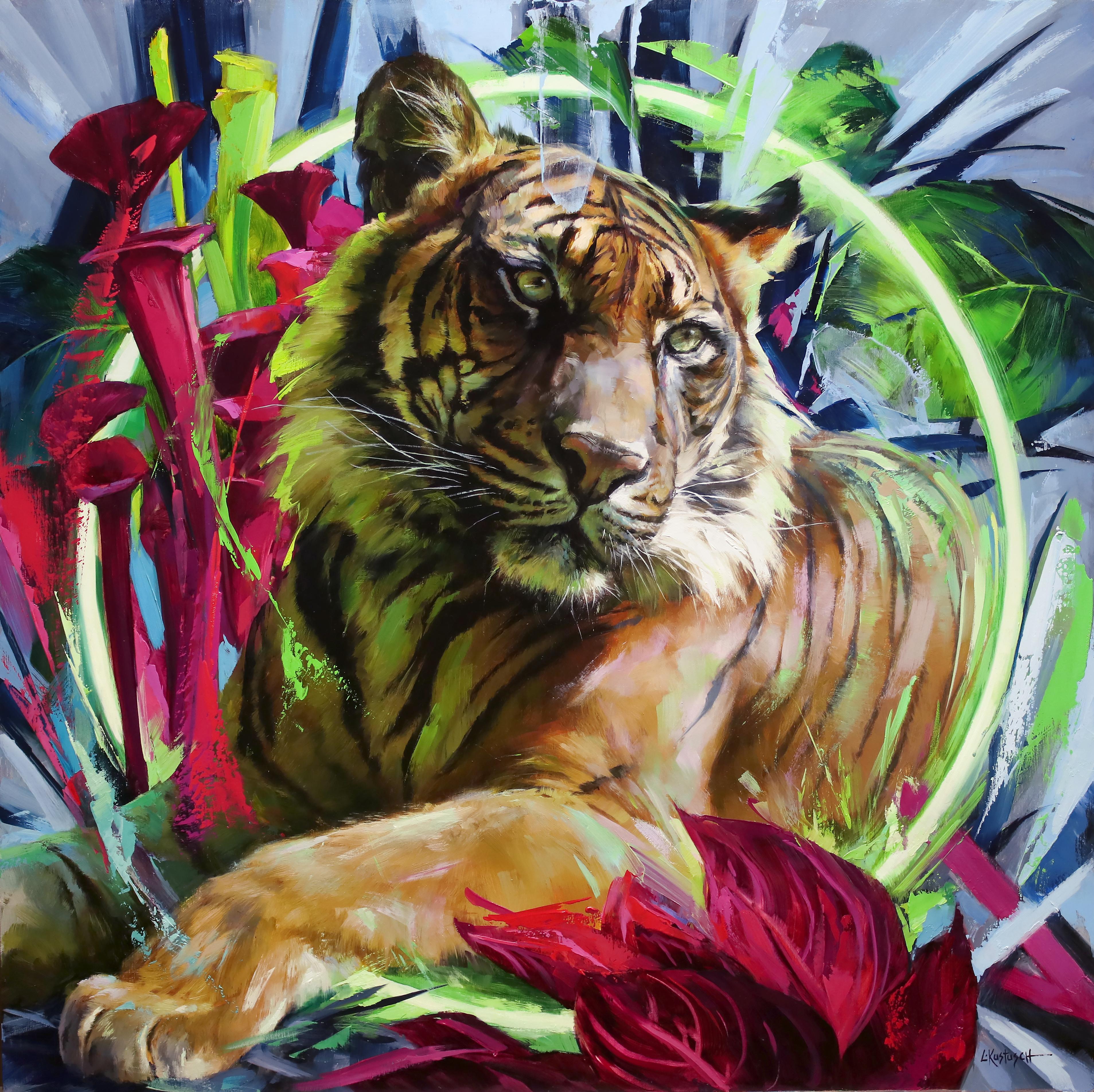 Lindsey Kustusch Figurative Painting – „Der Sumatran-Tiger“ – Original-Ölgemälde einerangerten großen Katze