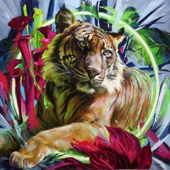 « Le tigre Sumatran » - Peinture à l'huile originale d'un grand chat en voie de disparition