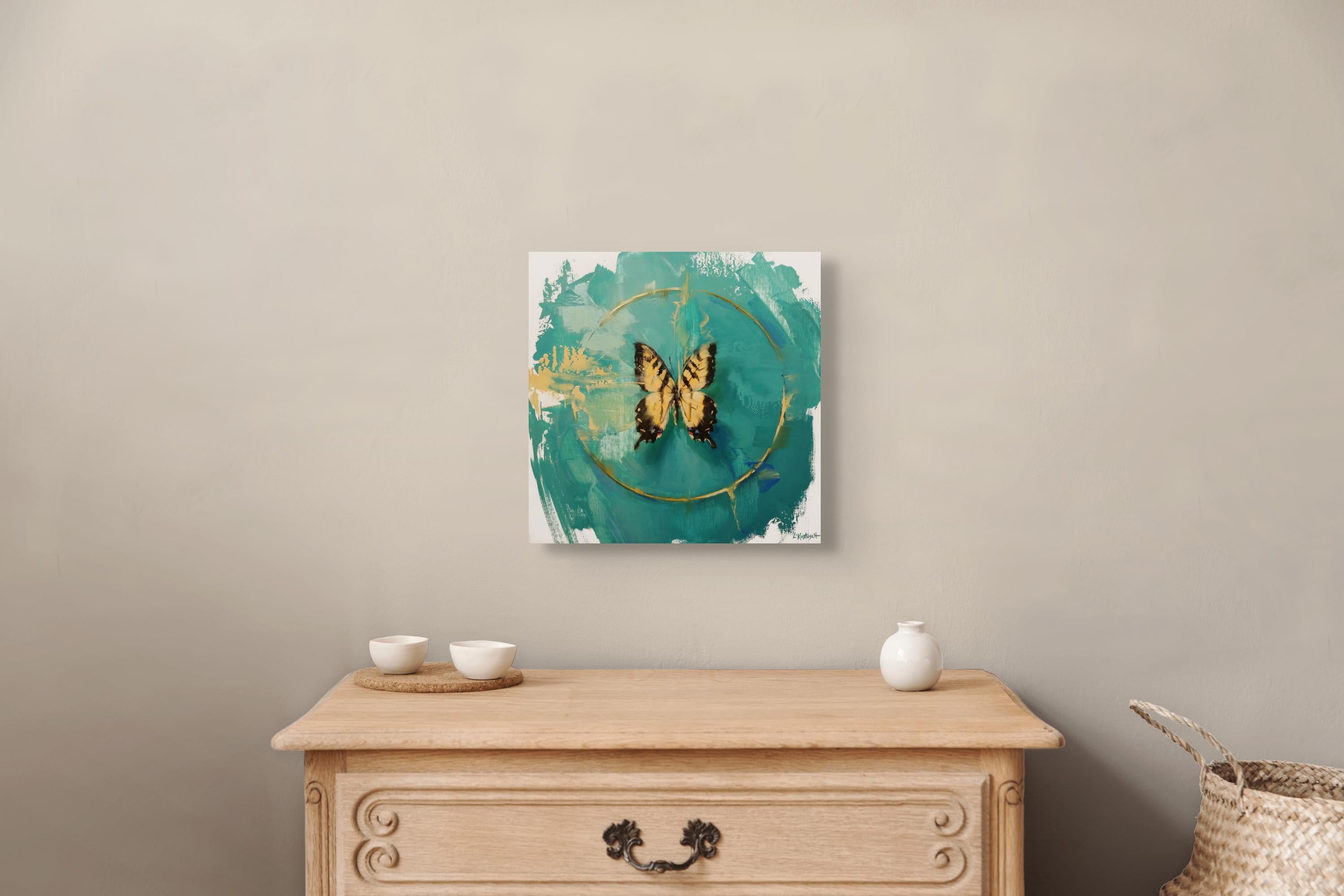 „The Tiger Swallowtail on Shades of Aquamarin“ Öl-Schmetterlingsgemälde, Tigerschwanz – Painting von Lindsey Kustusch