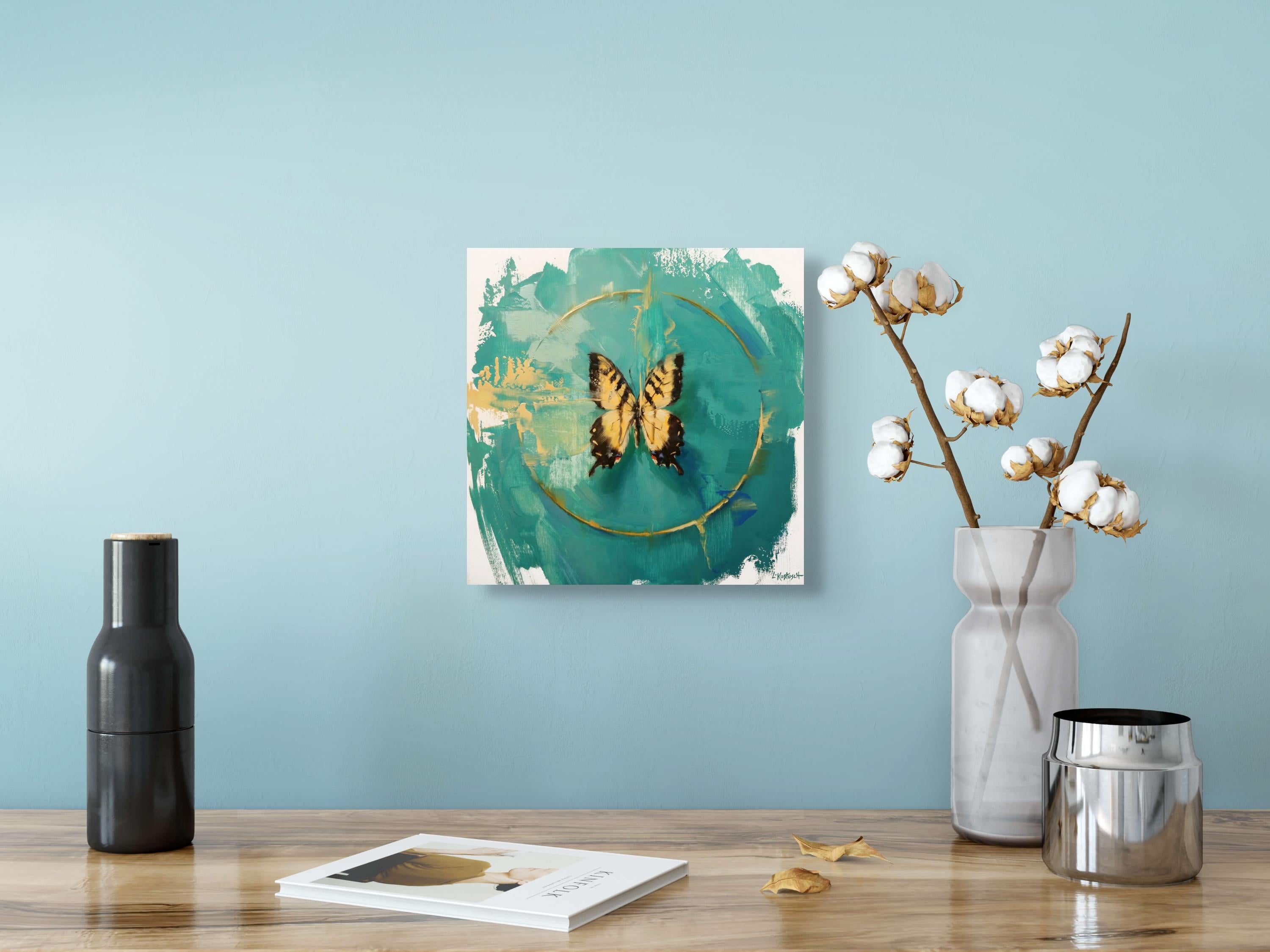 „The Tiger Swallowtail on Shades of Aquamarin“ Öl-Schmetterlingsgemälde, Tigerschwanz (Realismus), Painting, von Lindsey Kustusch