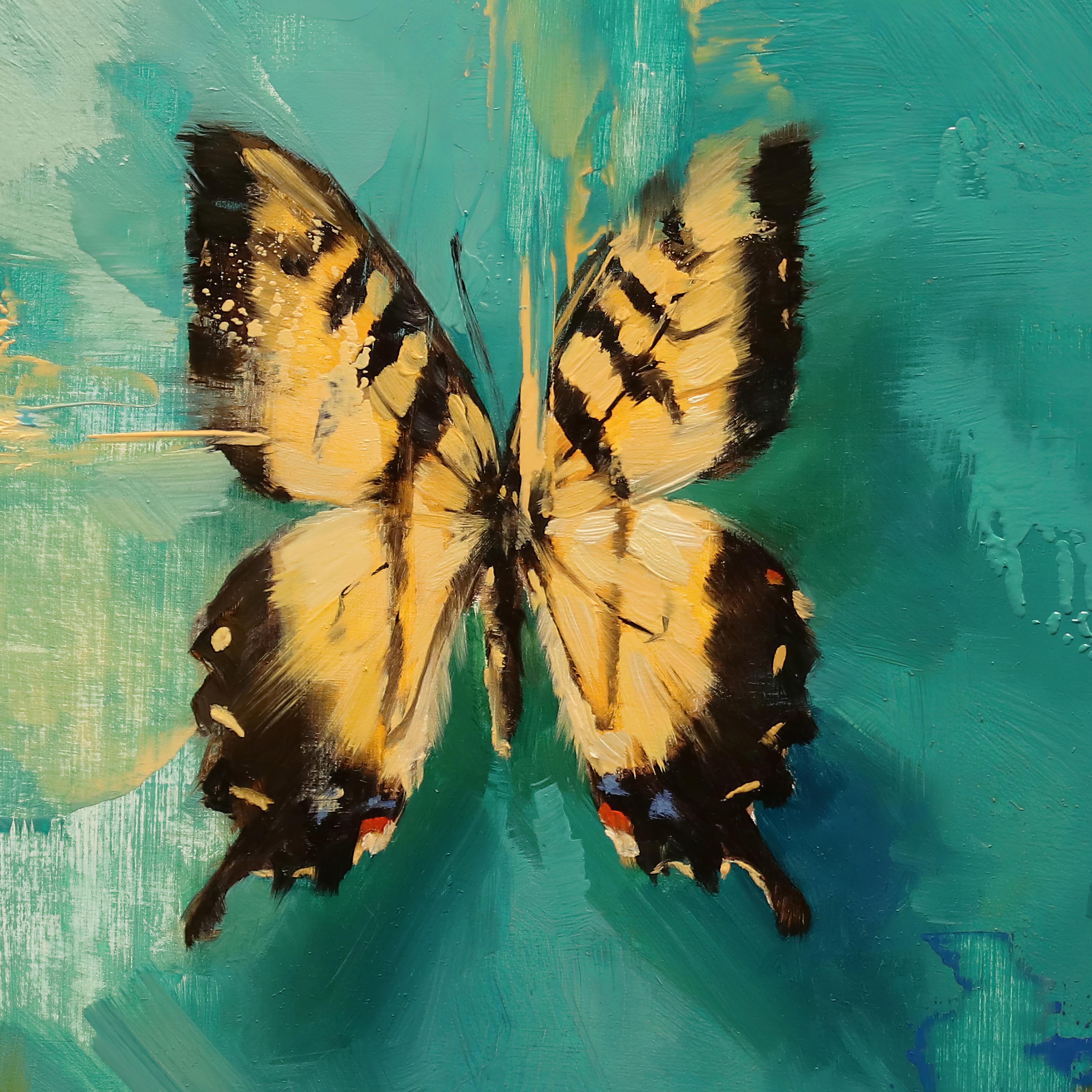 „The Tiger Swallowtail on Shades of Aquamarin“ Öl-Schmetterlingsgemälde, Tigerschwanz im Angebot 3