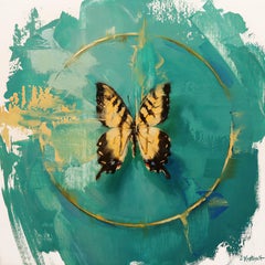 „The Tiger Swallowtail on Shades of Aquamarin“ Öl-Schmetterlingsgemälde, Tigerschwanz