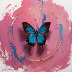 „The Ulysses on Shades of Rose“ – Leuchtender Schmetterling, Ölgemälde