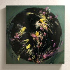 "Thistle & Gold" - Contemporary Oil Painting of Birds and Florals, 2024