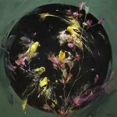 "Thistle & Gold" - Contemporary Oil Painting of Birds and Florals, 2024