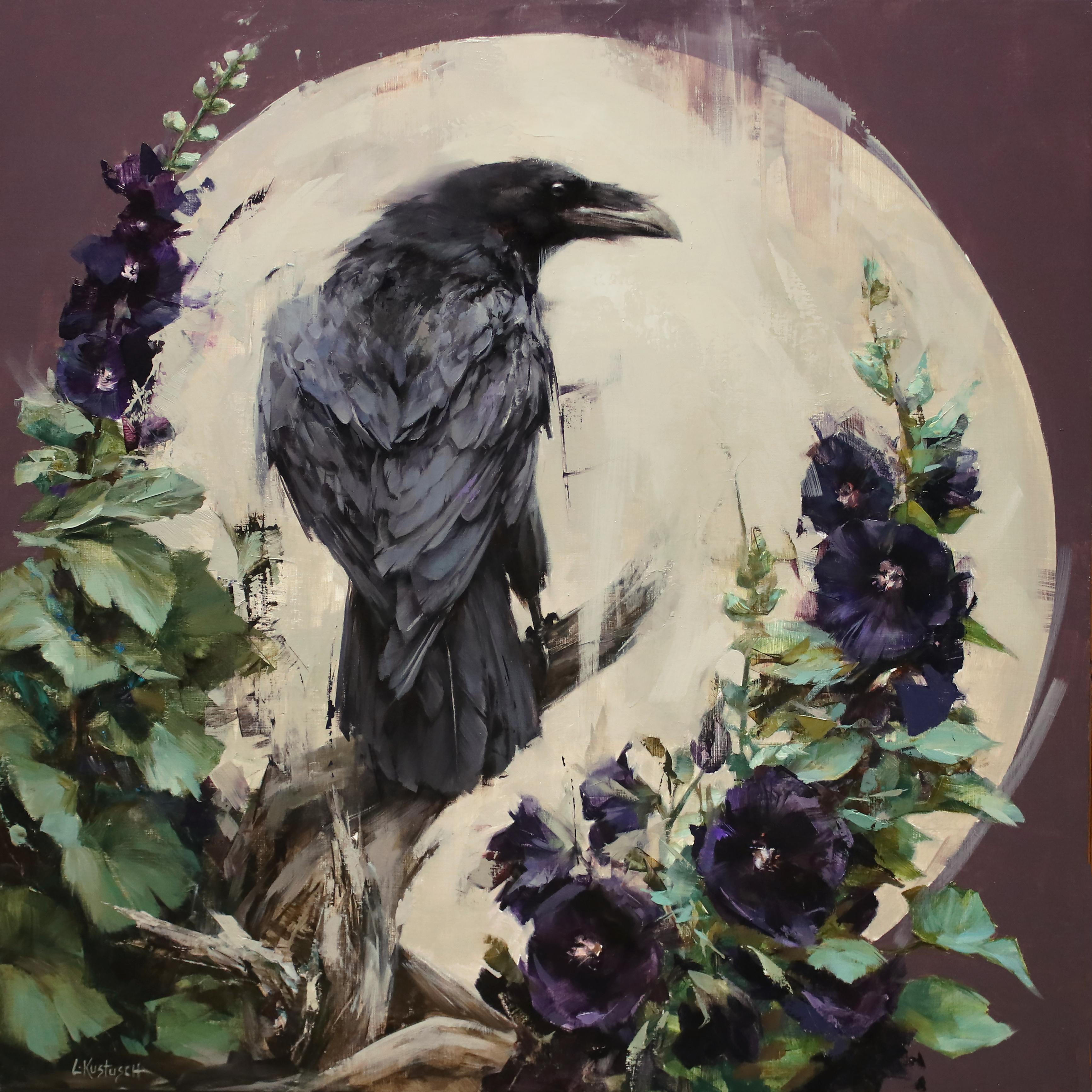 Lindsey Kustusch Figurative Painting - "Velvet Blooms" - Contemporary Oil Painting of a Raven and Florals, 2024