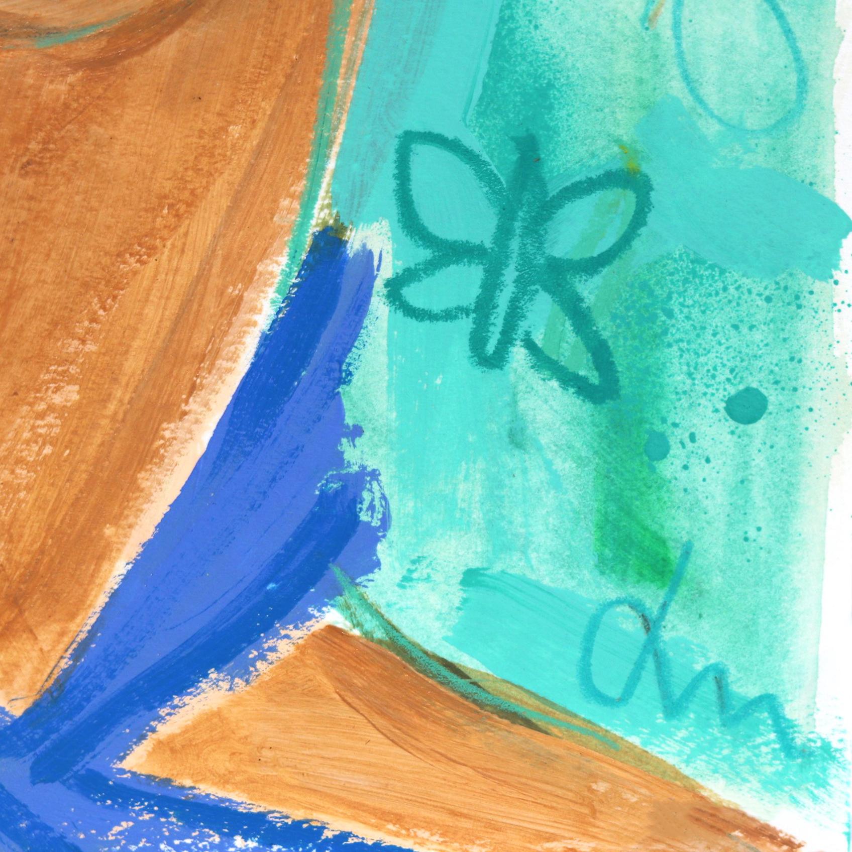 Blaue Glocke und Schmetterling – farbenfrohes abstraktes, figuratives Originalgemälde im Angebot 1