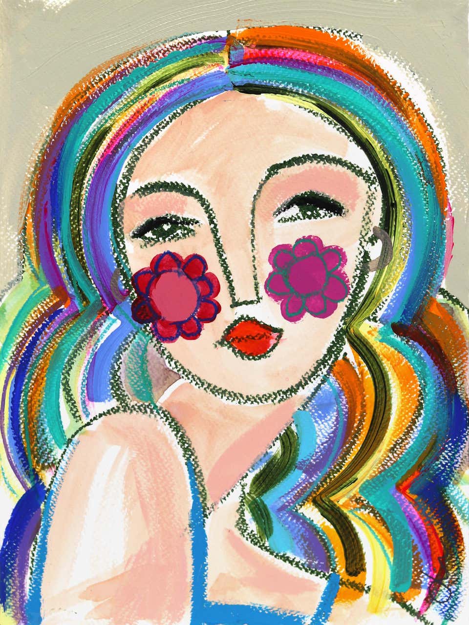 Figurative Abstract Lindsey McCord - Bombshell Bright 2 - Oil Pastel Abstract Figurative ...