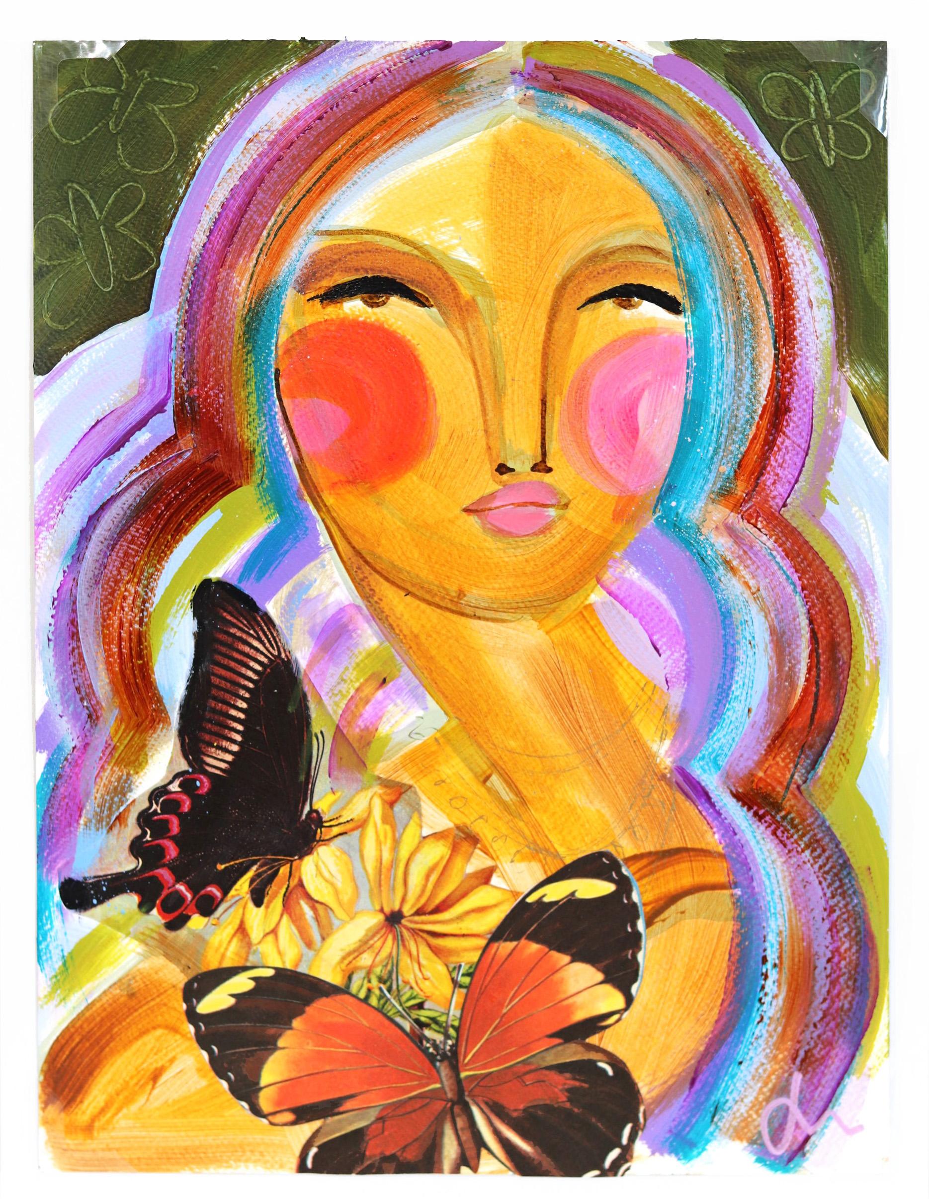 Butterfly Bombshell 2 -  Peinture de portrait figuratif abstrait colorée