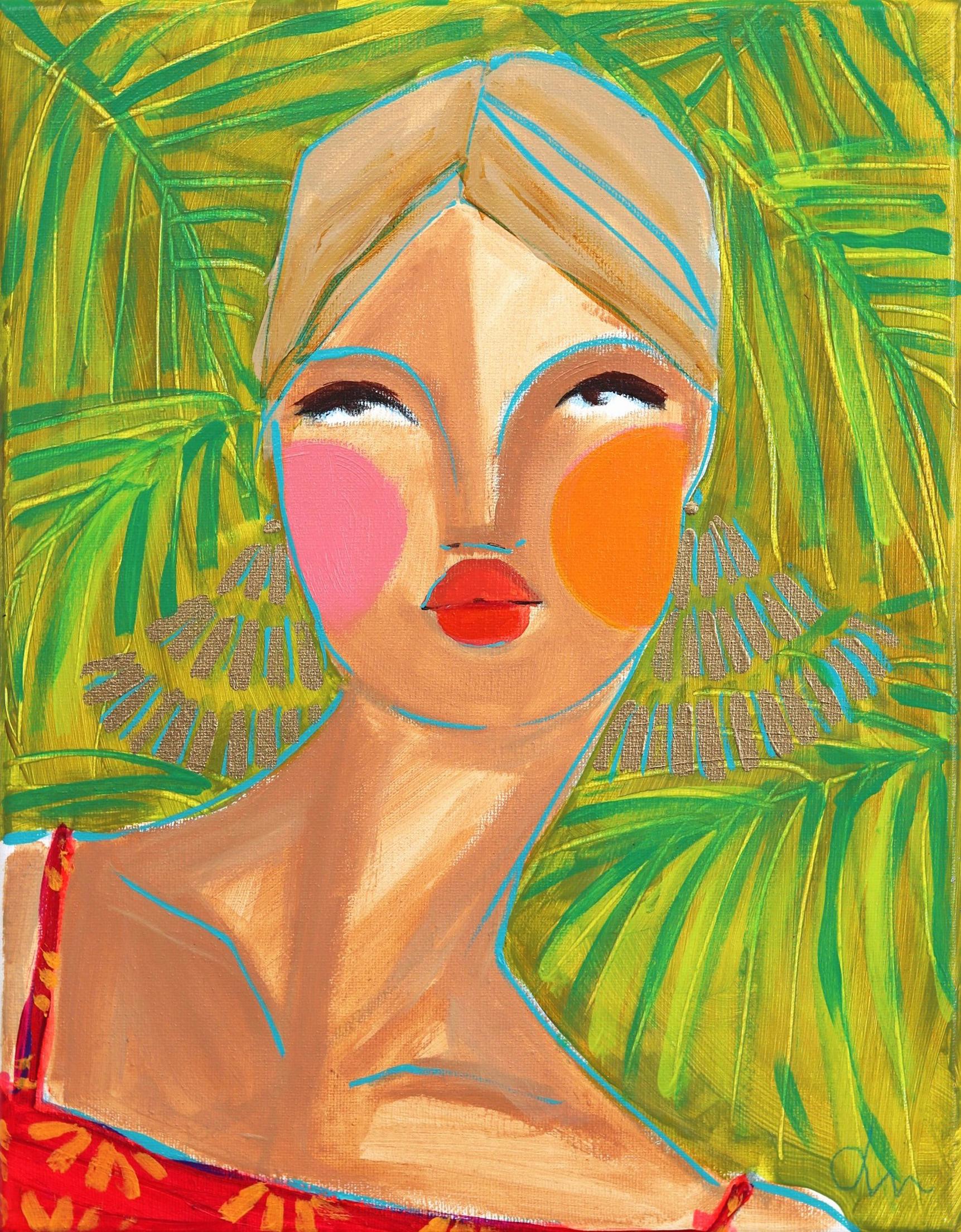 Chica de la Costa Dorada - Pintura Original Retrato Figurativo Abstracto Colorido