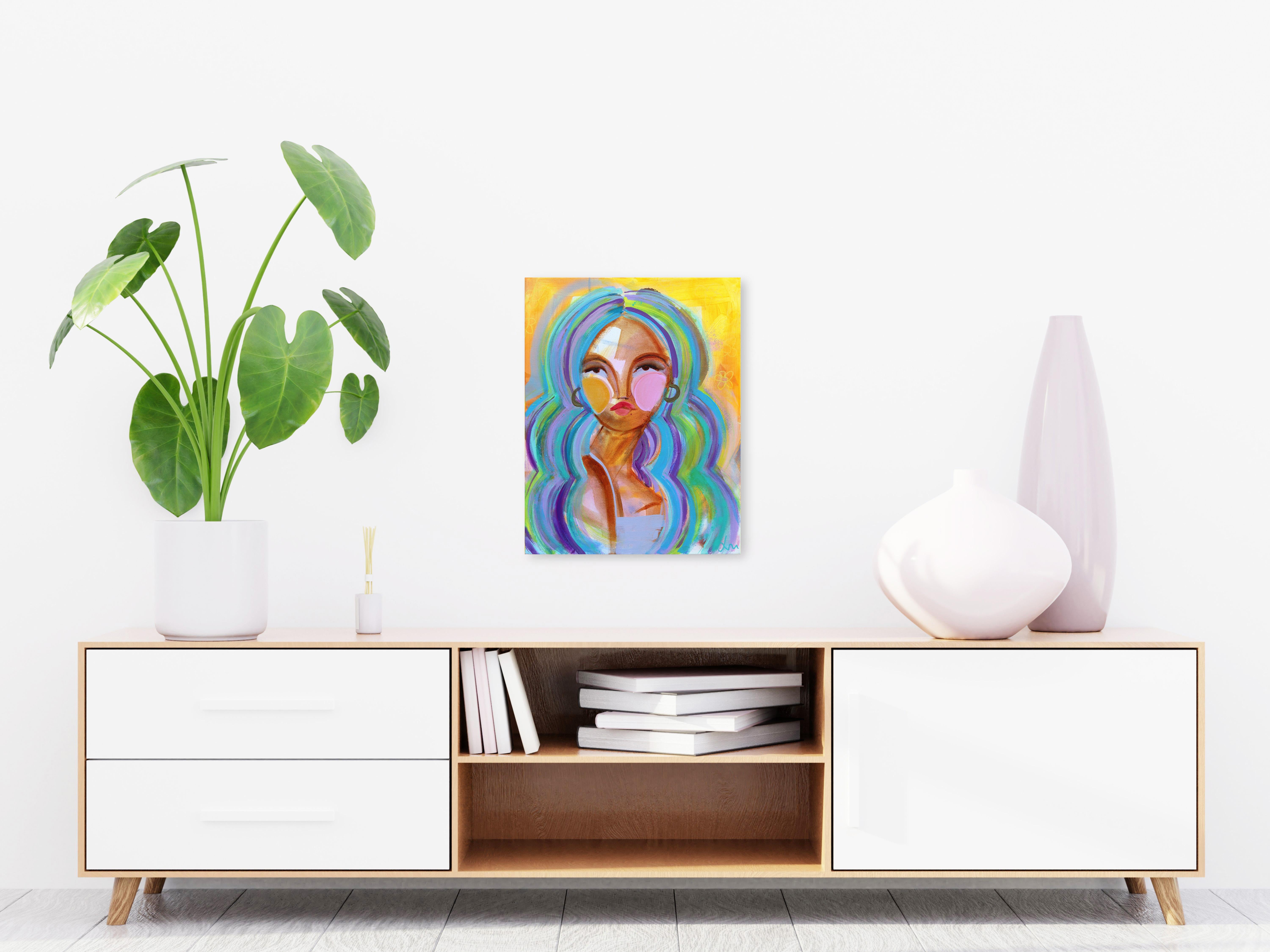 Indigo Bombshell - Ritratto figurativo astratto colorato Pittura originale - Painting di Lindsey McCord